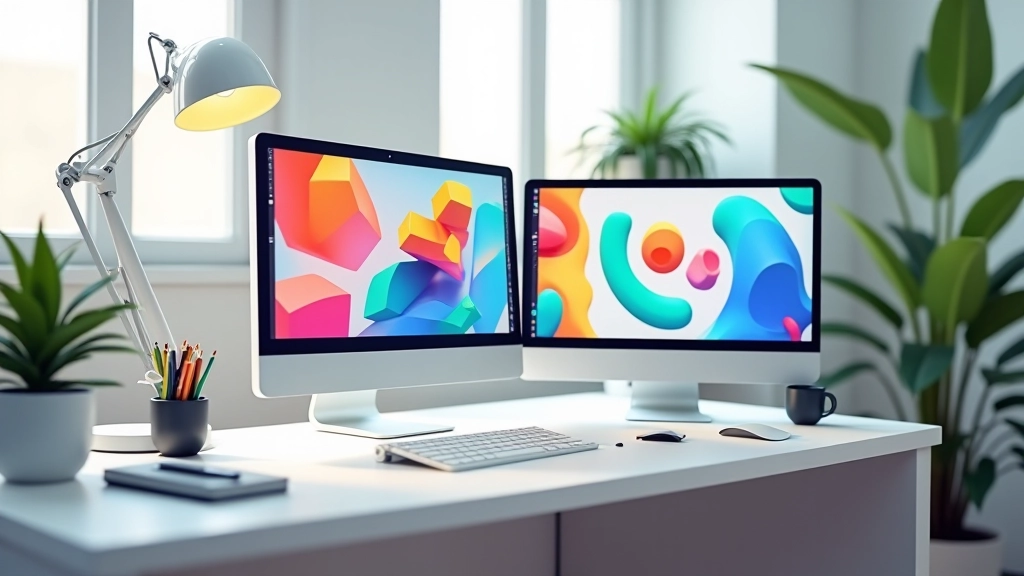 Estudio de animación isométrica con software profesional y elementos geométricos en pantalla