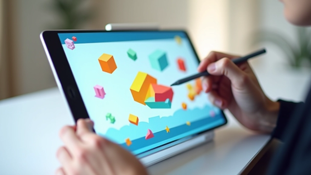 Pantalla de tablet mostrando software de animación con formas isométricas coloridas en proceso de animación